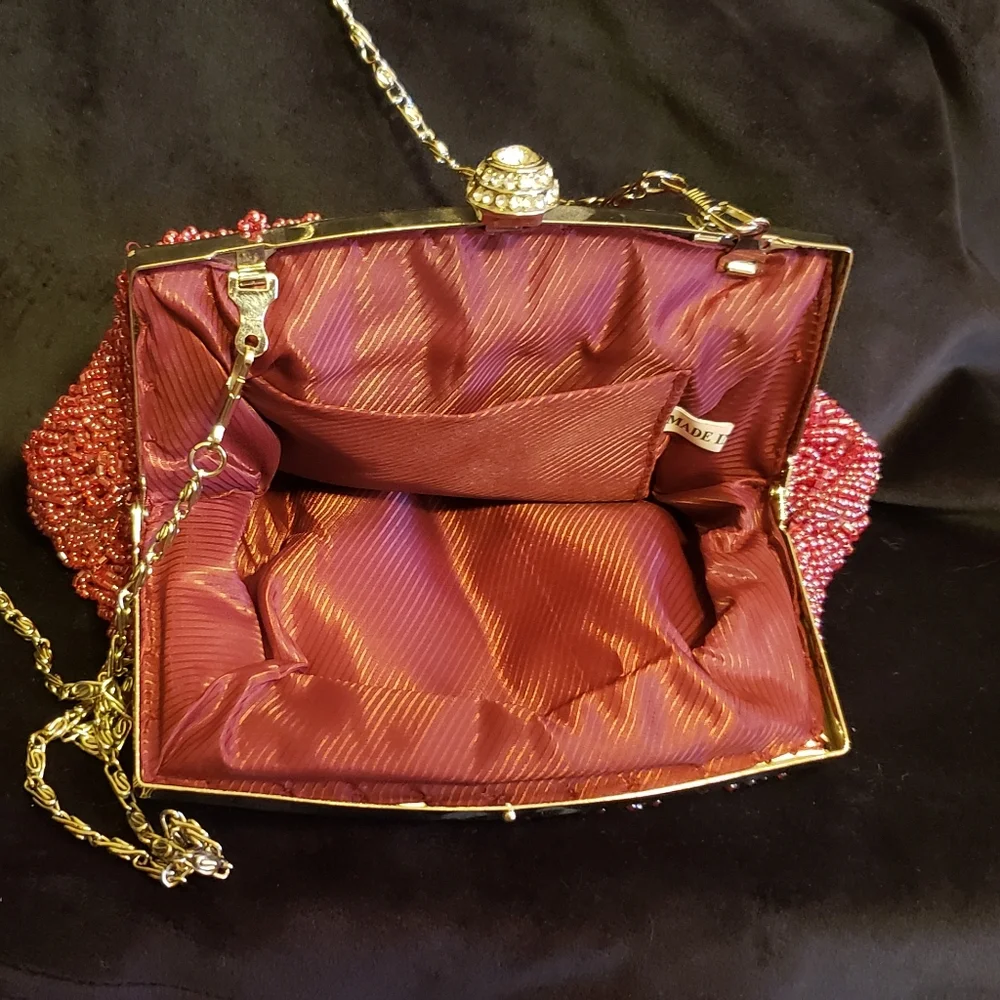 Red Beaded Clutch with Silvertone Chain Strap